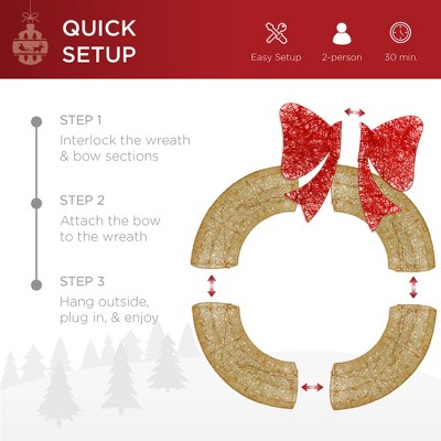 48-Inch Gold and Red Pre-Lit Outdoor Christmas Wreath with LED Lights