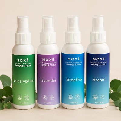 MOXĒ – Shower Steamer Spray Variety 4 Pack (2 oz Each) – 100% Pure Essential Oil – Eucalyptus, Lavender, Breathe & Dream – Made in USA