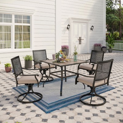 Captiva Designs 5pc Patio Wood-look Square Dining Table with Umbrella Hole & Metal Arm Chairs