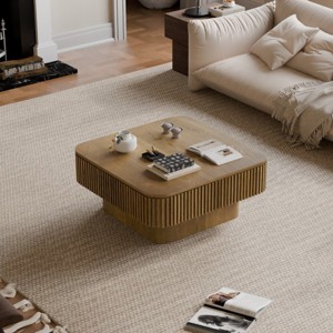 31" Square Coffee Table with Hidden Storage, Wood Veneer Accent Table with Flip‑Top Lid and Slatted Sides for Living Room or Apartment-Koiai - 1 of 4