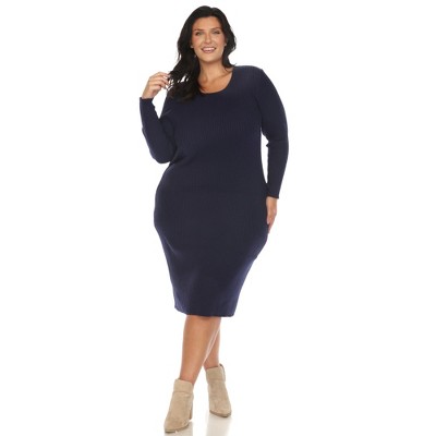 White Mark Plus Size Long Sleeve Rib Midi Sweater Dress