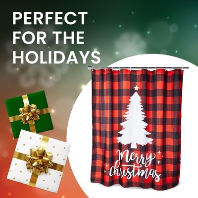 Farmlyn Creek Red Buffalo Plaid Merry Christmas Tree Bath Shower Curtain Set Polyester with 12 Hooks for Bathroom Decor 70"x71"