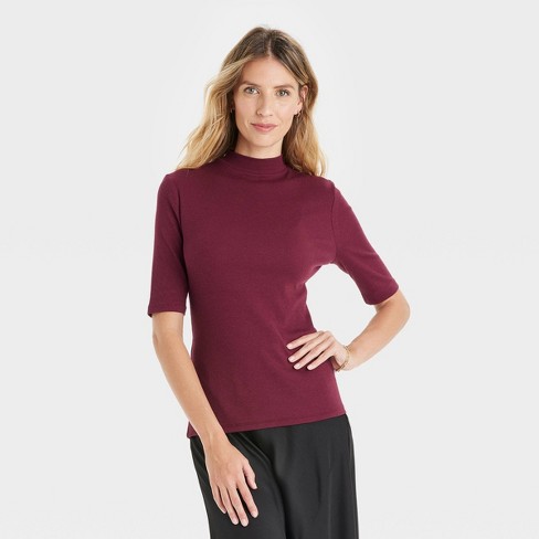 Women's Elbow Sleeve Mock Turtleneck T-shirt - A New Dayâ¢ Burgundy M : Target