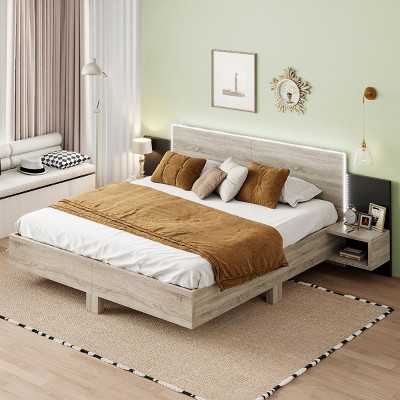 Floating Platform Bed, Bed with LED Headboard Light and Built-in Bedside Nightstands, Modern Particle Board Frame Bed-Baofuwish