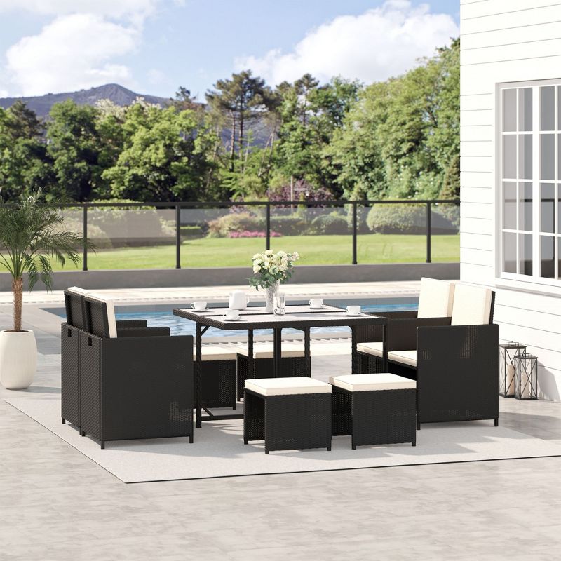 Outsunny 9 Pieces Patio Wicker Dining Sets, Space Saving Outdoor Sectional Conversation Set, with Dining Table and Chair & Cushioned for Lawn Garden Backyard, 3 of 9