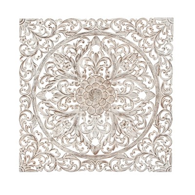 Traditional Carved Floral Medallion Pine Wood Wall Panel - Olivia & May