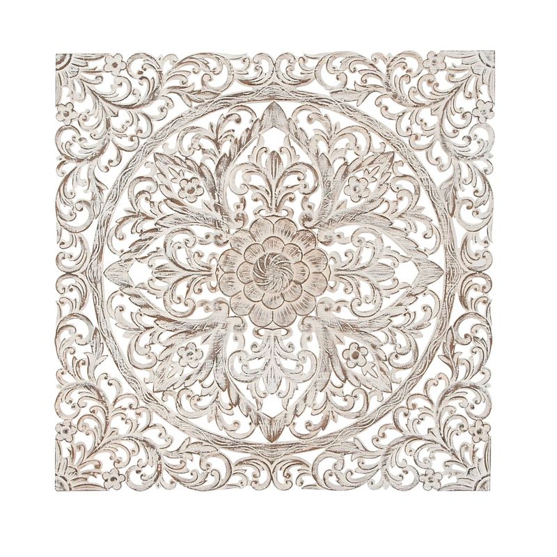 Wood Floral Handmade Intricately Carved Wood Wall Decor with Mandala Design Brown - Olivia &#38; May, 1 of 15