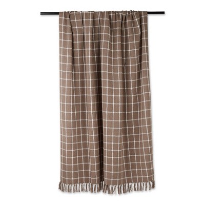 Brown and White Cotton Plaid Throw Blanket with Fringe