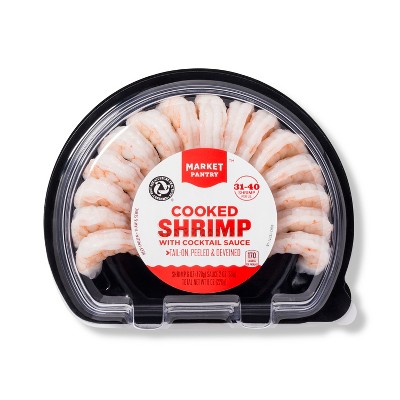 Half-Ring Cooked Shrimp With Cocktail Sauce, Tail-On, Peeled & Deveined - 31-40ct/8oz - Market Pantry™