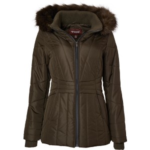 Sportoli Womens Winter Coat Faux Fur Trim Hooded Down Alternative Puffer Jacket - 1 of 4
