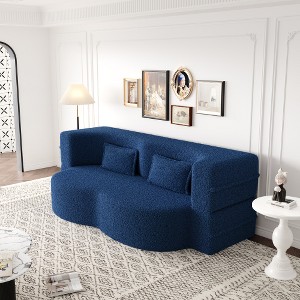 Akoasm 78 in. W Modern Convertible Teddy Fabric Foam-Filled Sofa with 2 Pillows For Bedroom & Living Room-Blue - 1 of 4