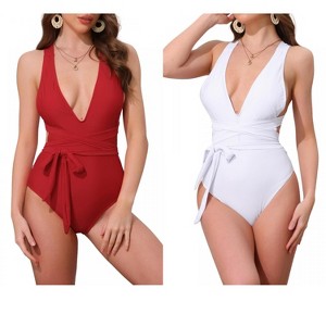 INSPIRE CHIC Women's Deep V Neck Criss Cross Tummy Control High Cut Swimwear Monokini Bikini Suits 2 Sets - 1 of 4