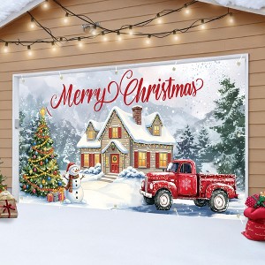 7x16 ft Christmas Garage Door Cover ,Outdoor Merry Christmas Backdrop Festive Holiday Garage Door Banner with Red Truck & Snowman - 1 of 4