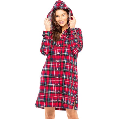 Women's Plaid Fleece Nightgown Warm Long Sleeves Sleep Shirt