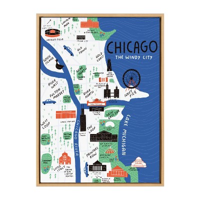 Chicago Illustration Framed Canvas Art in Natural Wood Frame