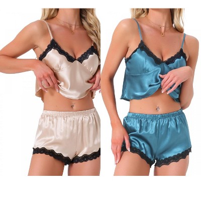 INSPIRE CHIC Women's 4 Pcs Loungewear Satin Lace Sleeveless Spaghetti-Strap Removable Pad Cami & Shorts Pajama Set