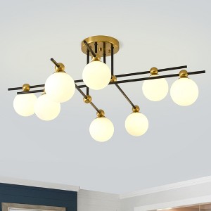 PAKOKULA Modern 8-Light Gold and Black Sputnik linear Semi-Flush Mount Ceiling Light with Opal Glass Shades - 1 of 4