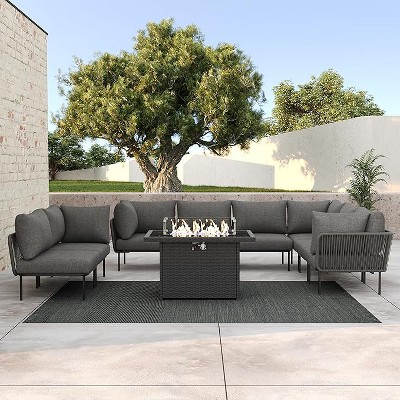 LayinSun 9 Pieces Rope Woven Patio Furniture Set, Modern Modular Sectional Sofa with Fire Pit Table and Upgrade Thickness Cushion