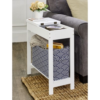 White MDF Side Table with Dark Blue Fabric Storage Bin