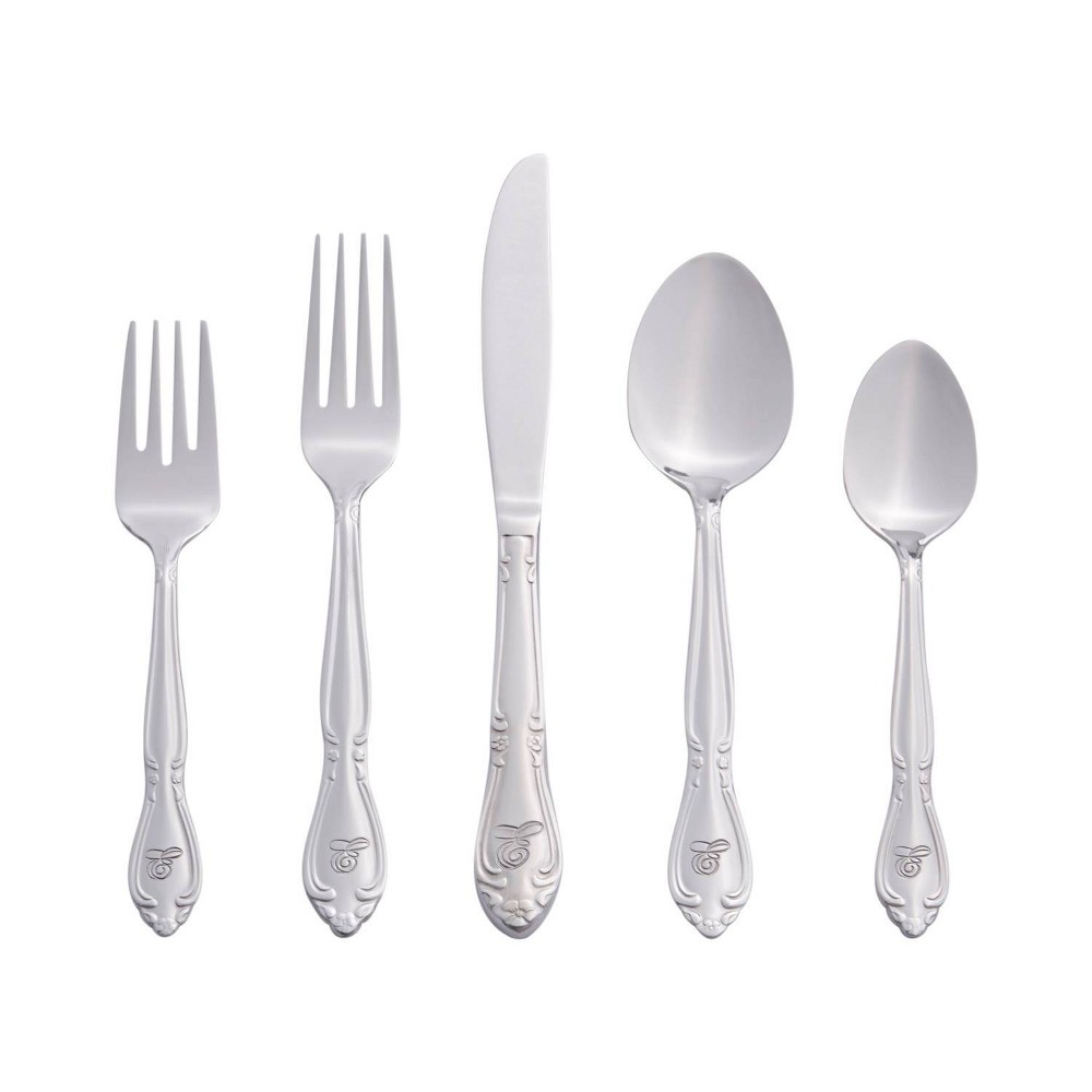 RiverRidge 46pc Personalized Rose Pattern Silverware Set E Impress family and dinner guests with this RiverRidge 46pc Monogram Rose Silverware Set A-Z. Each piece is permanently stamped with the letter of your choice. The heavy gauge stainless steel flatware has a polished mirror finish and is durable for daily use. Its traditional shape and flower blossom design will coordinate with any table setting. These pieces make a great gift for weddings or holidays. Color: One Color.