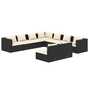vidaXL 9-Piece Patio Lounge Set in Black Poly Rattan - Modular Outdoor Sofa Set with Cream Cushions and Lightweight, Weather-Resistant Design - 1 of 4