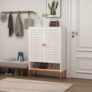 SeaCamel Modern Minimalist Double Door Shoe Cabinet - Adjustable Mesh, High Hollow Base, Robot Vacuum Compatible - 1 of 4