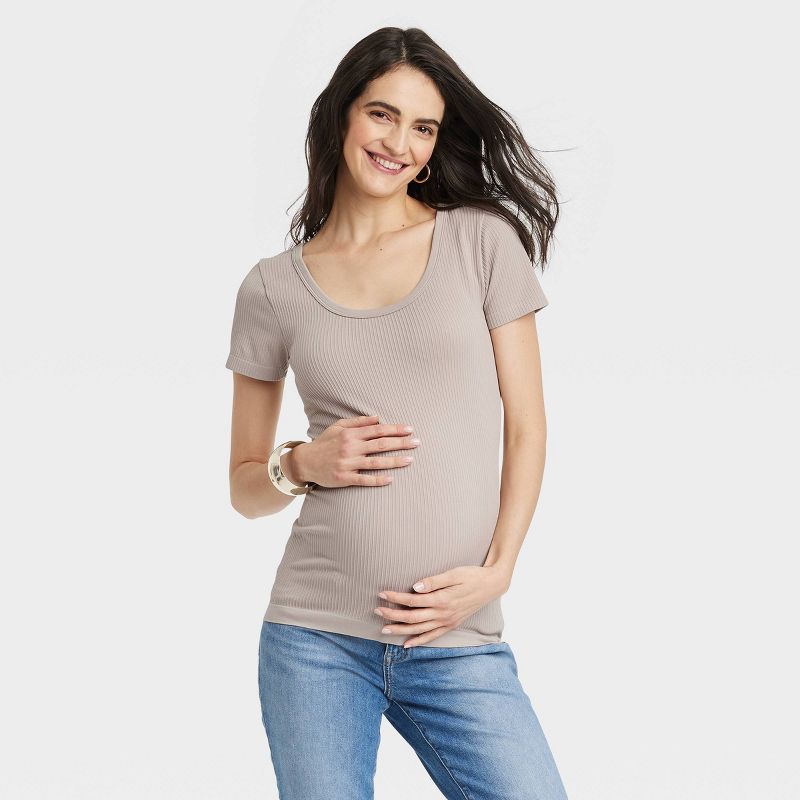 Short Sleeve Seamless Ribbed Scoop Neck Maternity T-Shirt - Isabel Maternity by Ingrid & Isabel™, 1 of 4