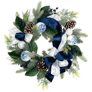 Northlight Frosted Pine with Blueberries, Bows and Ornaments Christmas Wreath - 24" - Unlit - 1 of 4