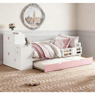 TIRAMISUBEST Twin Daybed Trundle Bed Frame with Bookshelf Movable Wardrobe Solid Wood, Pink, 95.5"*40.9"*42.3"