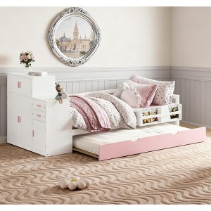 TIRAMISUBEST Twin Daybed Trundle Bed Frame with Bookshelf Movable Wardrobe Solid Wood, Pink, 95.5"*40.9"*42.3" - 1 of 4