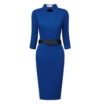 Hobemty Women's Business Stand Collar Zipper Neck 3/4 Sleeve Pencil Dresses