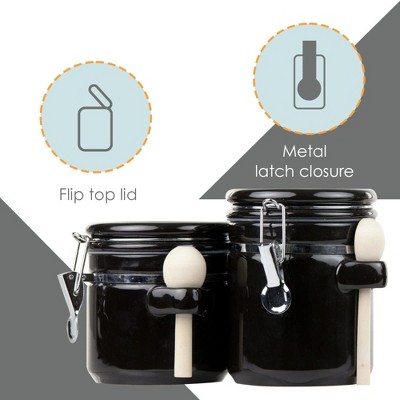 Home Basics 4 Piece Canister Set High Gloss Black Ceramic Kitchen Storage with Wooden Spoons. — фото 2