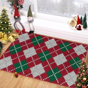 Christmas Argyle Area Rugs, Washable Non-Slip Argyle Check Festive Carpet, Soft Low Pile Foldable Stain Resistant for Bedroom, Home - 1 of 4