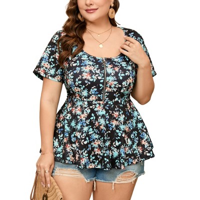 Women Plus Size Half Zipper T-Shirt Dressy Blouses Short Sleeve Babydoll Peplum Summer Tops