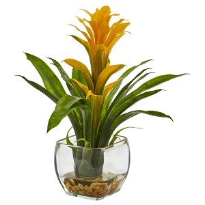 Nearly Natural Bromeliad with Glass Vase Arrangement, Yellow - 1 of 3