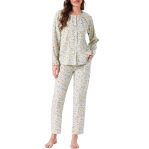 INSPIRE CHIC Women's Cotton Pajamas Long Sleeve Round Neck Button Down Floral Set with Pocket - 1 of 4