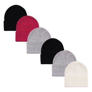 Hudson Baby Infant Girl 6Pc Knit Cuffed Beanies, Dark Pink Cream Black, Infant Toddler - 1 of 3