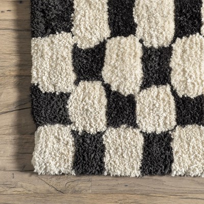 Ivory and Black Checkered Shag Synthetic Area Rug