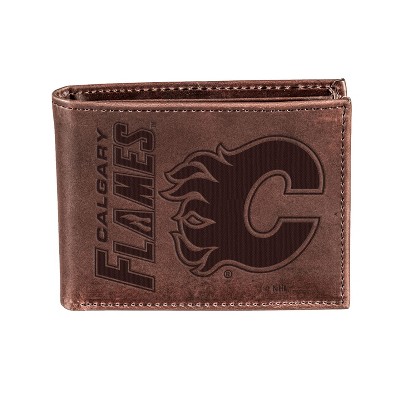Evergreen NHL Calgary Flames Brown Leather Bifold Wallet Officially Licensed with Gift Box