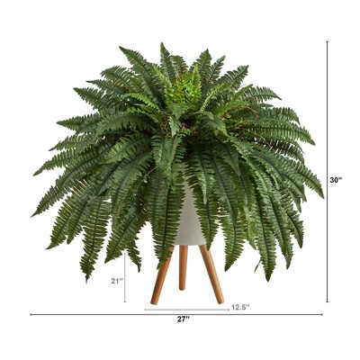 Modern Cascading Potted Fern in White Tripod Planter, 42" Tall