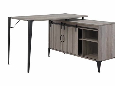 Gray Oak L-Shaped Desk with Sliding Barn Doors
