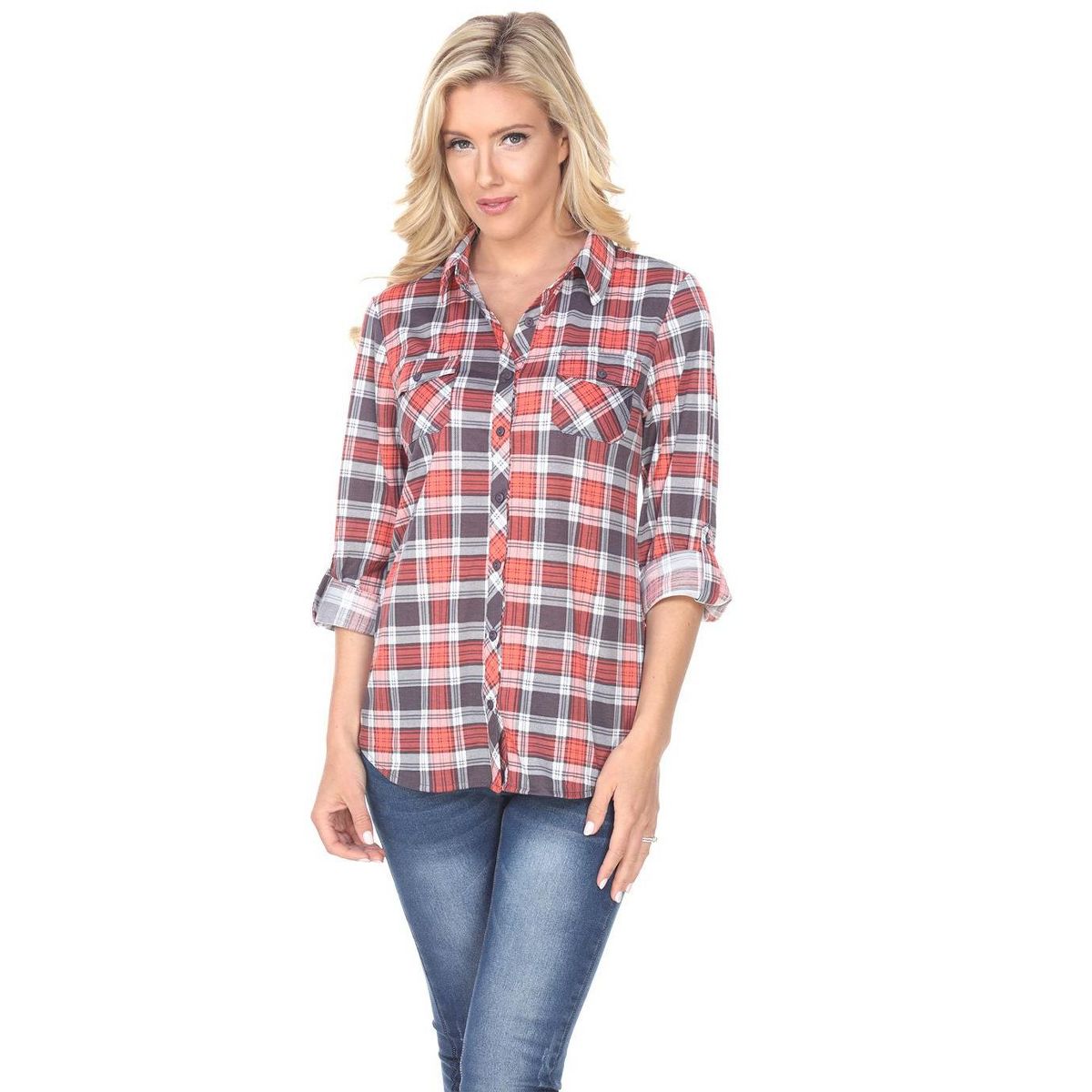 Women's Oakley Stretchy Plaid Tunic Top with Pockets - White Mark - thumbnail 7