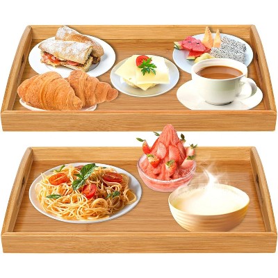 Attop 2 Pack Bamboo Serving Tray with Handles, Portable Bed Tray for Breakfast Dinner, Eating Trays for Living Room,Restaurants