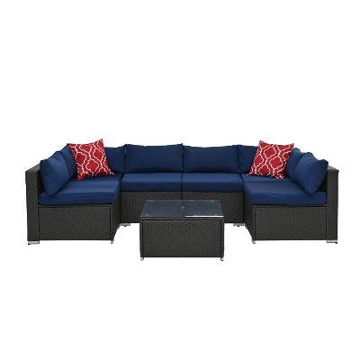 ELJGET Outdoor Patio Furniture Set, 7 Pieces PE Wicker Modular Sofa with Cushion and Glass Table