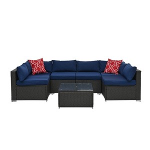 ELJGET Outdoor Patio Furniture Set, 7 Pieces PE Wicker Modular Sofa with Cushion and Glass Table - 1 of 4