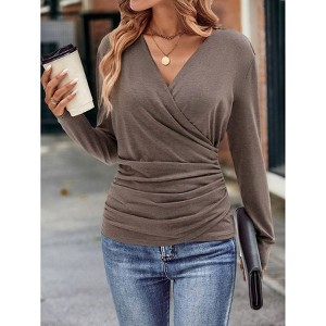 Women's Long Sleeve Fall Shirt Wrap V Neck Ruched Smocked Casual Top Blouse - 1 of 4