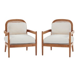 TiramisuBest [Set of 2] 26.6" Mid-Century Modern Accent Chairs with Walnut Wood Frame & Rattan Back, Comfy Greyish-Green Cushions - 1 of 4