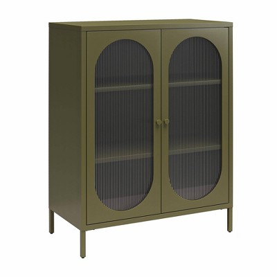 Olive Green Metal Accent Cabinet with Fluted Glass Doors