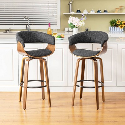 Mid-Century Modern Dark Blue Fabric Walnut Swivel Barstools, Set of 2