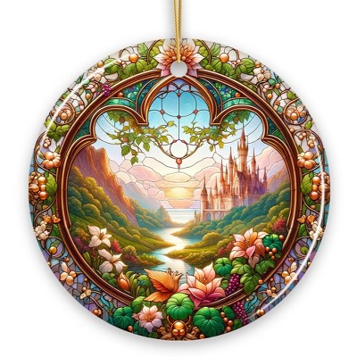 Castle Art with Lush Forest Stained Glass Style Ceramic Ornament, Christmas Gift and Decor| OrnamentallyYou